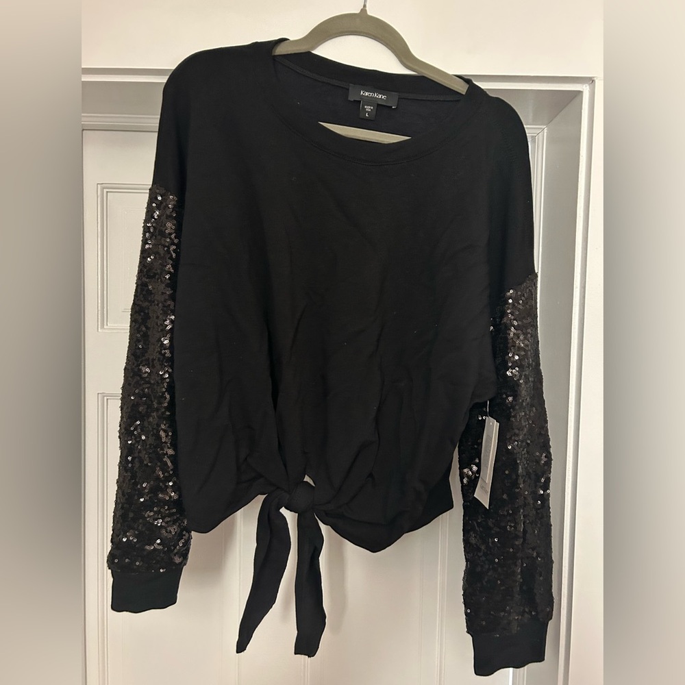 Karen Kane Size L tie front top with sequin sleeves - Black